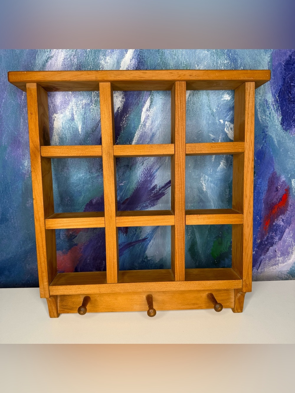 Wood Cubby Trinket Knick Knack Wall Shelf w/ Peg Hooks Vintage Cottagecore